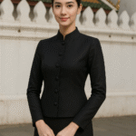 ชุดไทยจิตรลดาสีดำ ยืนอยู่หน้าวัด