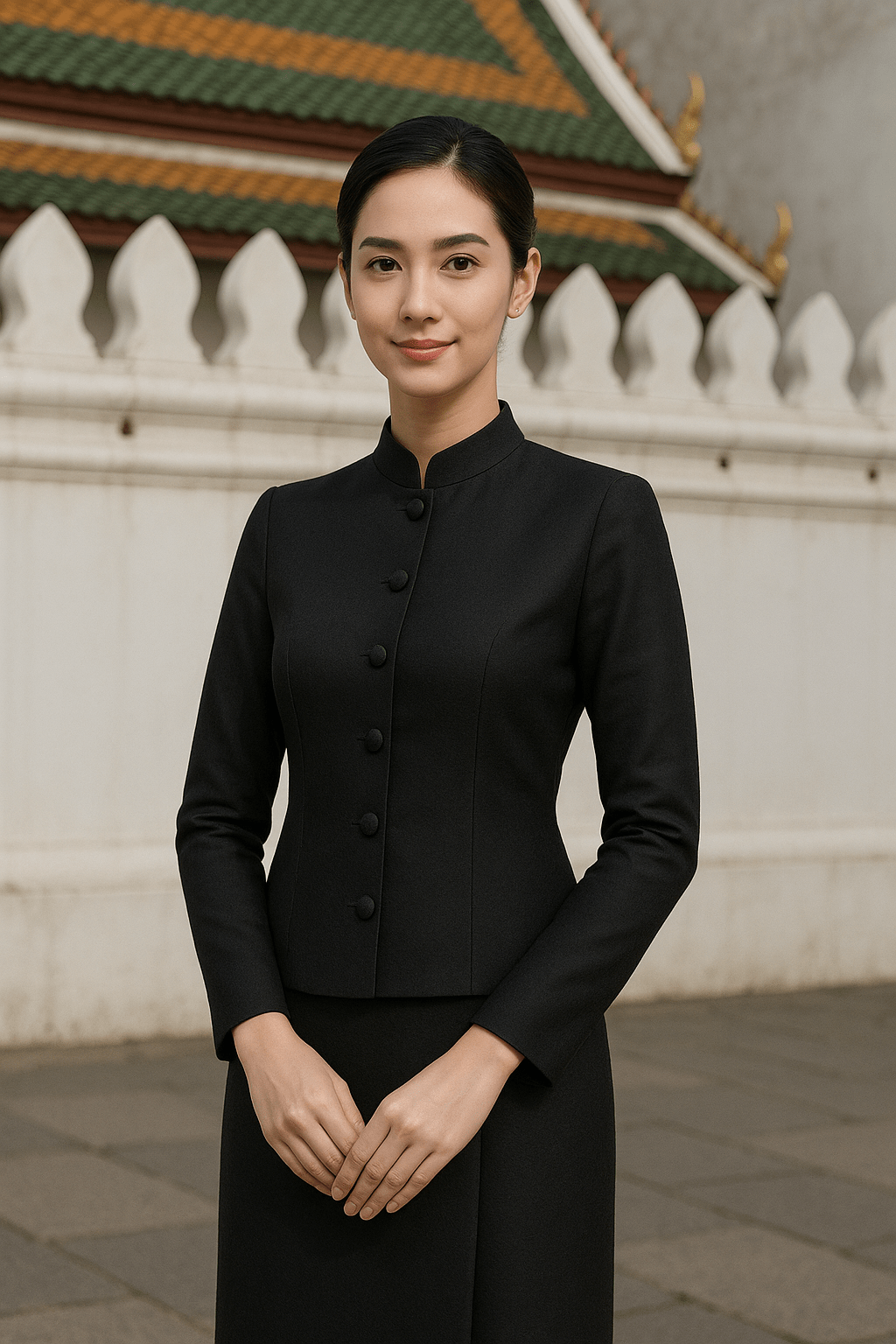 ชุดไทยจิตรลดาสีดำ ยืนอยู่หน้าวัด